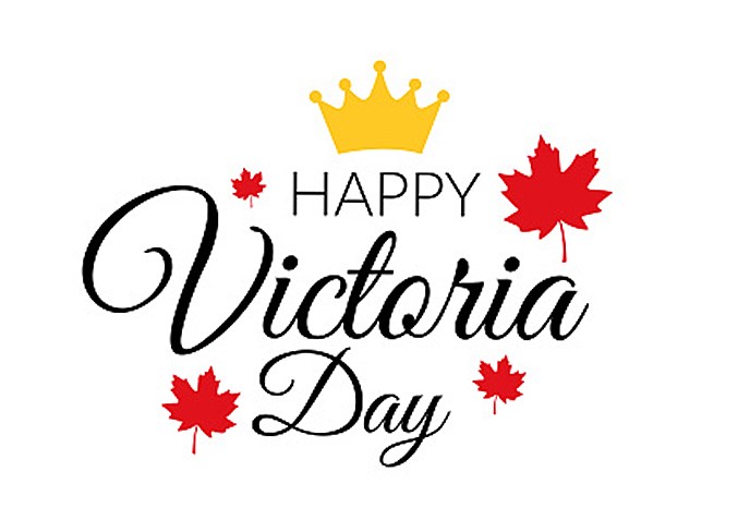 Text reads Happy Victoria Day with a yellow crown above and three red maple leaves around the text, symbolizing the Canadian holiday. The design, created for Nanaimo Brain Injury Society (NBIS), is set on a white background.