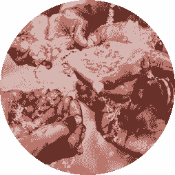 Four hands holding sandwiches and food items gather in a circle, suggesting a group meal or picnic. The reddish monochrome filter and textured graphic style capture the spirit of community, echoing the support of Nanaimo Brain Injury Society.