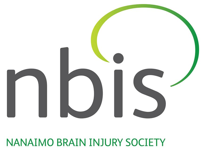 Logo for the Nanaimo Brain Injury Society: large gray lowercase letters nbis with a green swoosh above, and NANAIMO BRAIN INJURY SOCIETY written in green below, reflecting their commitment to brain injury support and education.