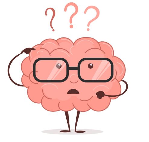 Cartoon illustration of a brain wearing glasses, with a confused expression, scratching its head. Three red question marks appear above the brain. This playful image represents Brain Injury Education from Nanaimo Brain Injury Society. White background.
