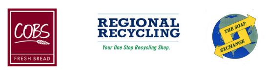 Three logos: COBS Fresh Bread with a wheat icon, Regional Recycling with green tagline Your One Stop Recycling Shop, and The Soap Exchange over a globe with two yellow soap bars forming an “S”—supporting Nanaimo Brain Injury Society.