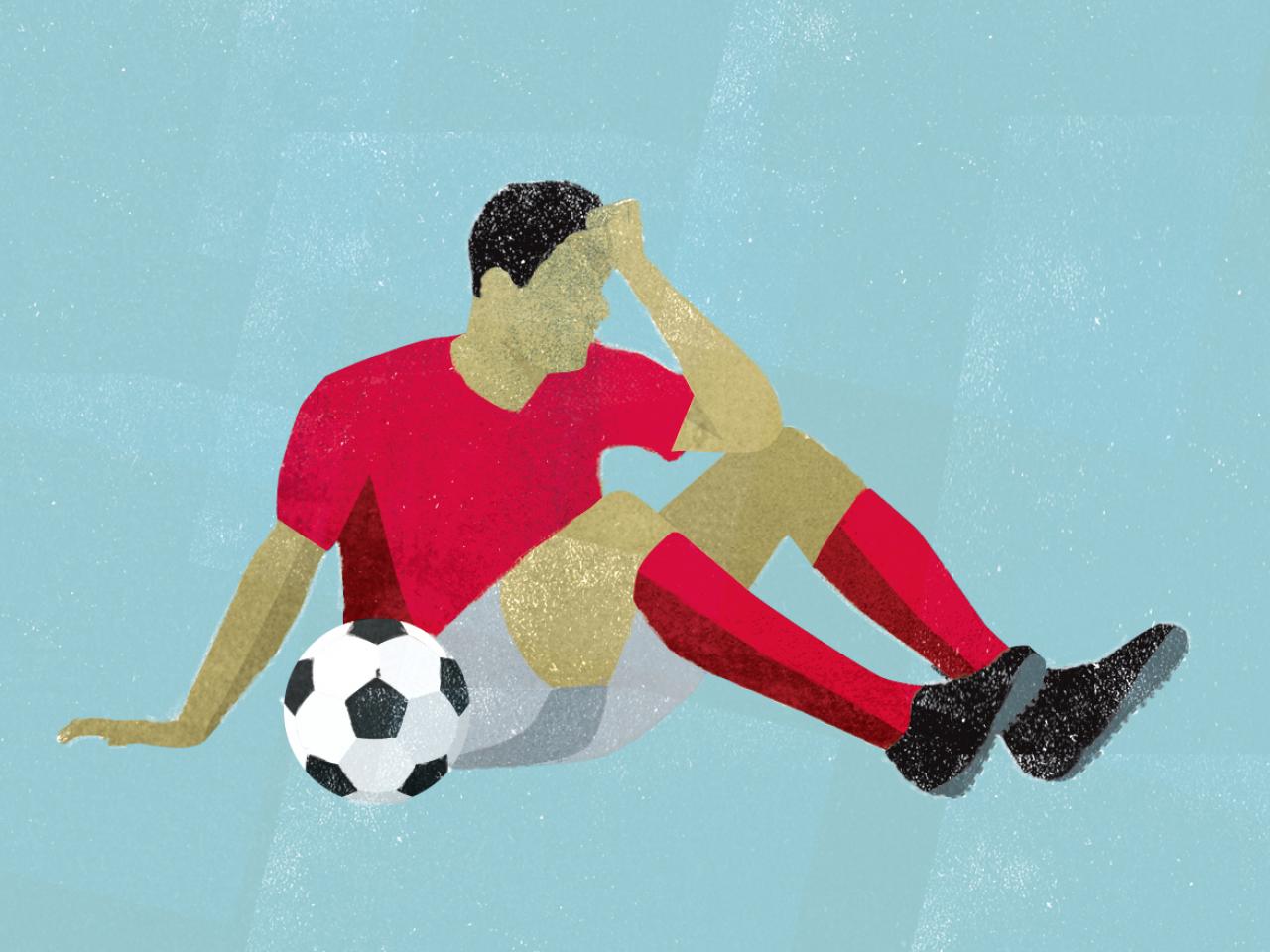 Illustration of a male soccer player in a red jersey and socks sitting on the ground, looking upset with one hand on his head—a powerful image for Brain Injury Education by the Nanaimo Brain Injury Society. Soccer ball rests by his leg against a blue background.