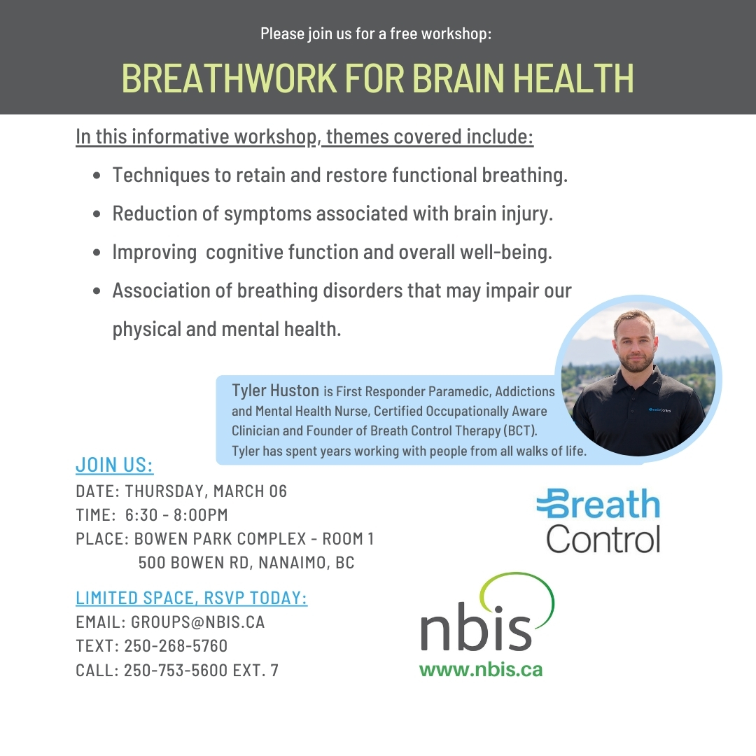 Promotional flyer for a free workshop titled Breathwork for Brain Health, featuring event details, topics on brain injury support, speaker photo (man in outdoor jacket), RSVP info, and the Breath Control and NBIS logos.