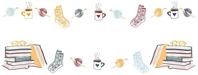 Illustrated border featuring stacks of books, knit socks, steaming mugs, and balls of yarn with knitting needles—perfect for Brain Injury Support materials or NBIS events—all arranged around the edges on a white background.