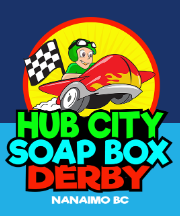 Cartoon of a smiling child driving a red soap box car with flames, holding a checkered flag. Text: HUB CITY SOAP BOX DERBY NANAIMO BC—proudly presented by the Nanaimo Brain Injury Society—in bold, colorful letters against a sunburst background.