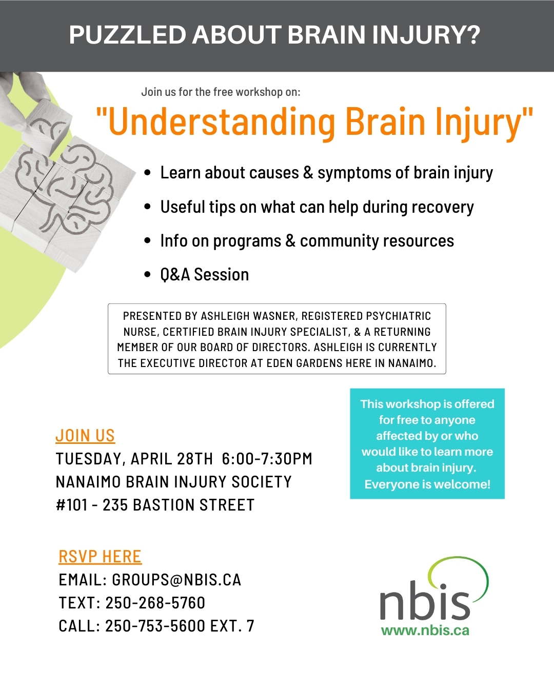 Flyer for Understanding Brain Injury—an informative Brain Injury Workshop with date, location, RSVP details, and topics like symptoms, support, and recovery. Features a brain-themed puzzle illustration.