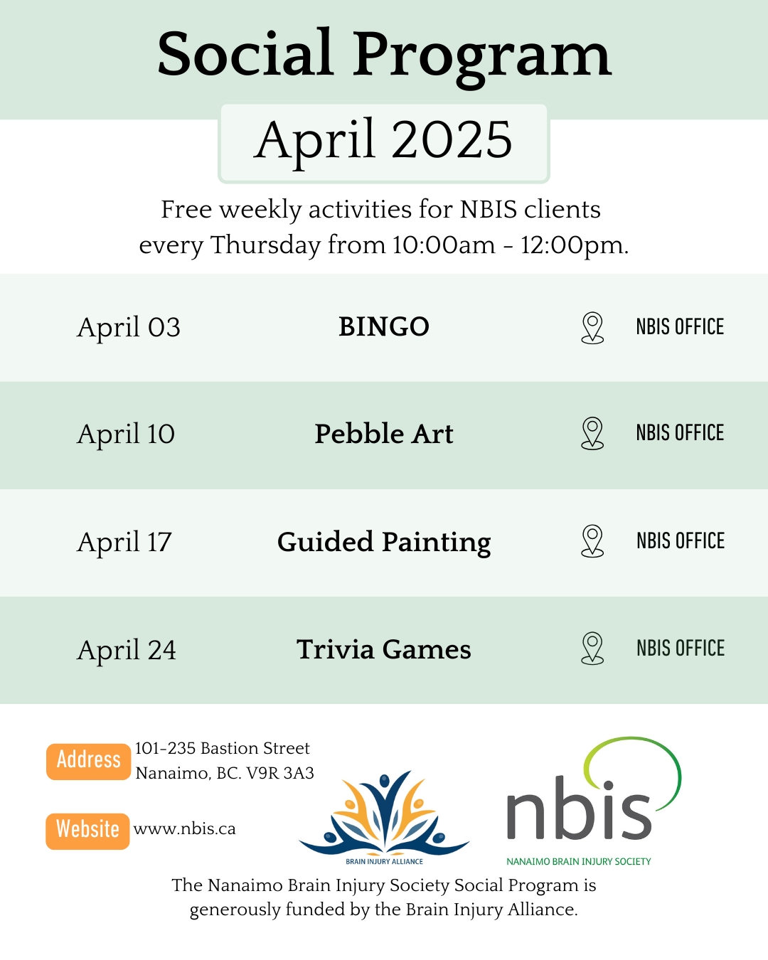 A flyer for the NBIS April 2025 Social Program, featuring free Thursday activities promoting Brain Injury Education: Bingo on April 3, Pebble Art on April 10, Guided Painting on April 17, and Trivia Games on April 24.