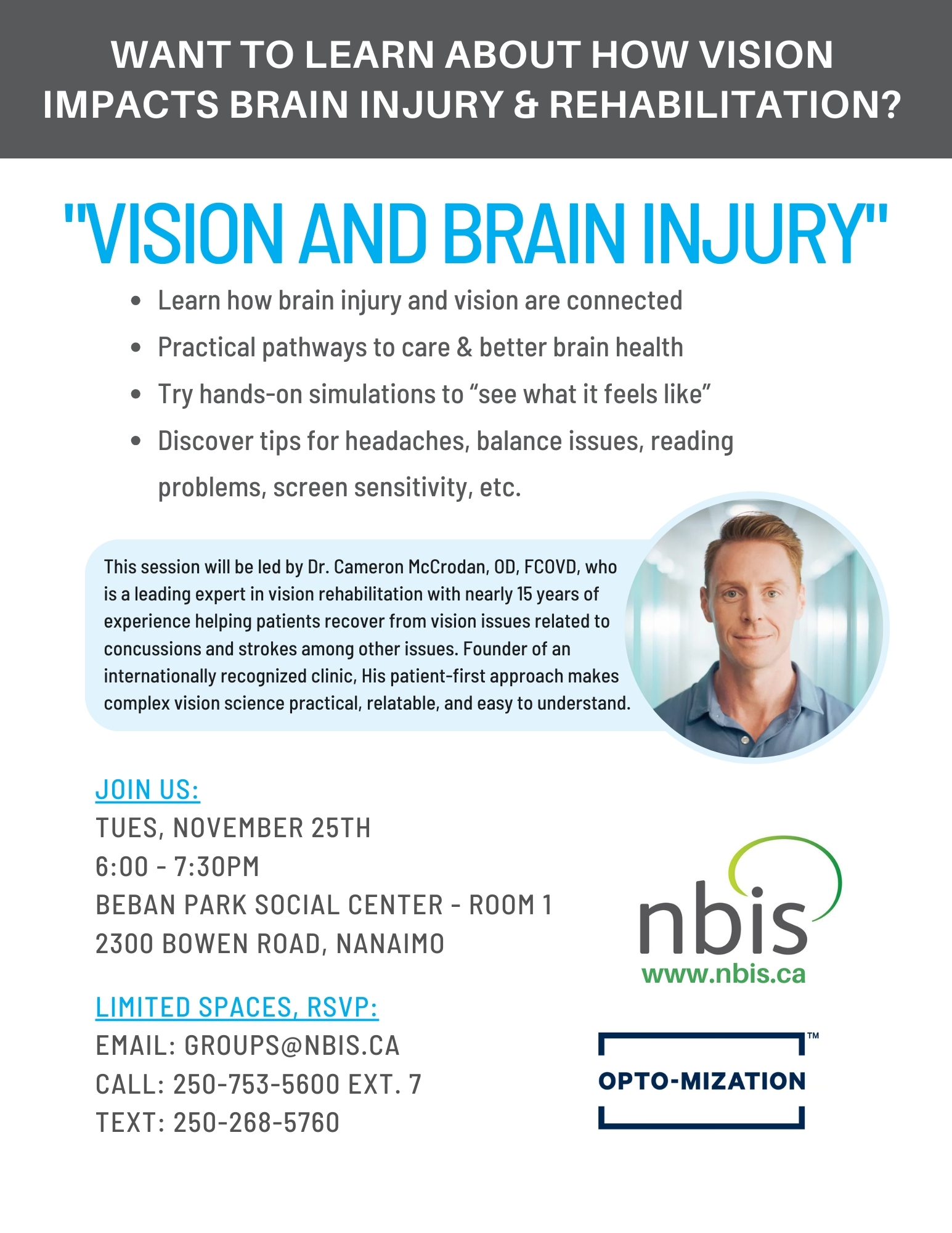 Informational flyer for an event titled Vision and Brain Injury, featuring a man’s headshot. Includes event details, contact info, NBIS logo, and bullet points about vision rehabilitation and Brain Injury Education after brain injury.