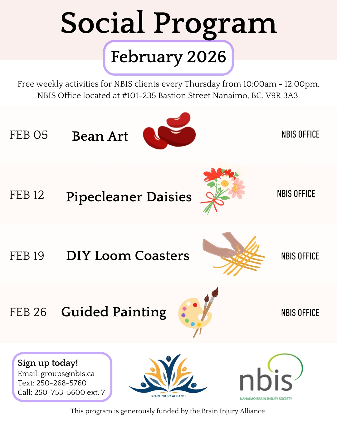 A flyer for NBIS's February 2026 Social Program lists weekly Thursday activities: Bean Art, Pipecleaner Daisies, DIY Loom Coasters, and Guided Painting, with contact info and the NBIS logo at the bottom.